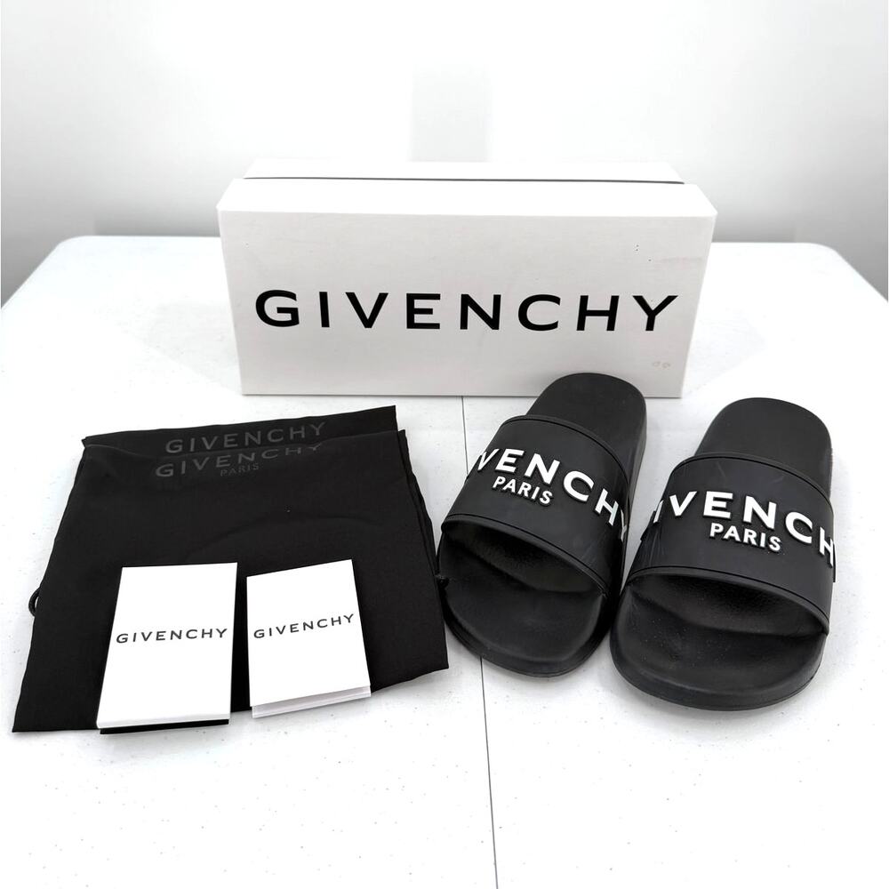 Givenchy Black Embossed Rubber Logo Pool Slides Sandals Size 42 (US 9)